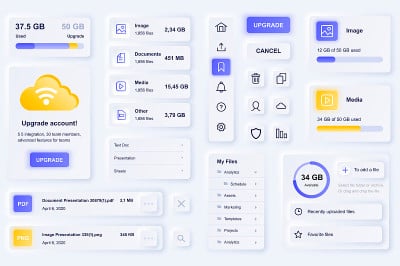 用于云技术移动应用的用户界面元素。独特的neumorphic设计UI, UX, GUI, KIT元素