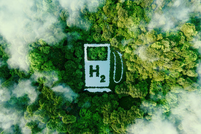 一个氢燃料充电站形状的湖被用作一个概念，以说明氢的环境友好性及其作为未来燃料的潜力。3 d渲染。