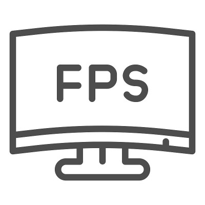 FPS定义线图标。现代显示器，每秒帧数计数器符号，白色背景上的轮廓风格象形图。标杆标志的移动概念和网