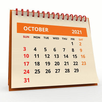 站立式桌面日历，2021年10月，橙色标题。