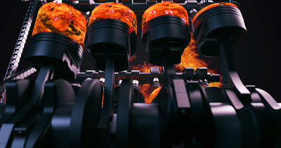 动力饥渴的V8汽车引擎产生的力量与爆炸和火焰。3D渲染