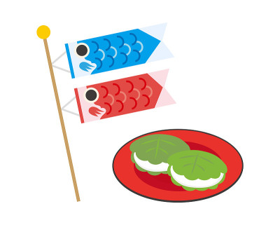 矢量图的koinobori和kashiwa麻糬。