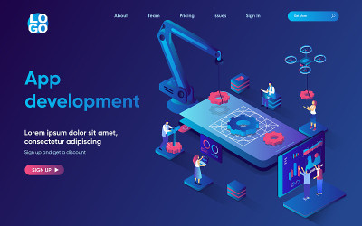 App开发概念等距登陆页面。团队创建和优化移动应用程序，界面构建过程3d网页横幅模板。矢量插图与人的