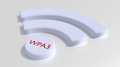 白色的Wifi符号，红色的圆点上的文字WPA3