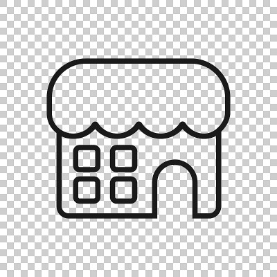 杂货店图标在透明的风格。Shop建筑矢量插图在孤立的背景。市场精品经营理念。