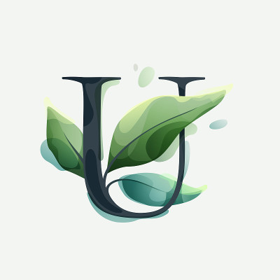 U字母标志与绿色的叶子在清楚的矢量水彩风格。