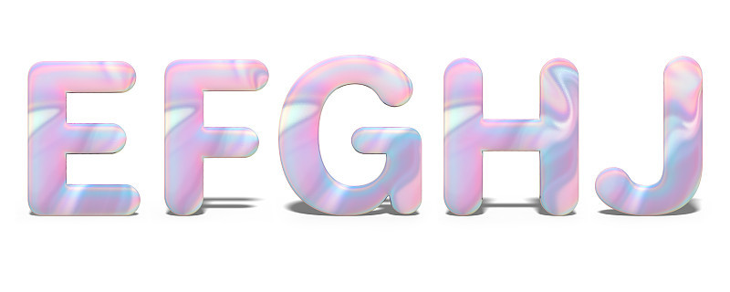 一套大写字母E, F, G, H, J在明亮的全息设计，闪亮的霓虹灯字母表。
