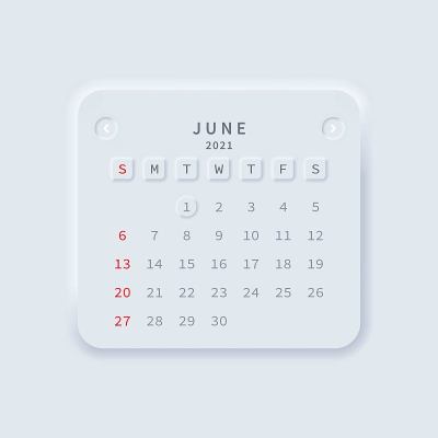 2021年日历6月。Neumorphism风格。向量EPS 10。在白色背景上隔离