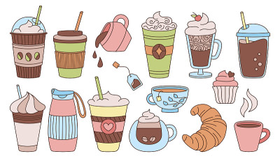 咖啡杯素描绘制时尚卡通设定平面矢量