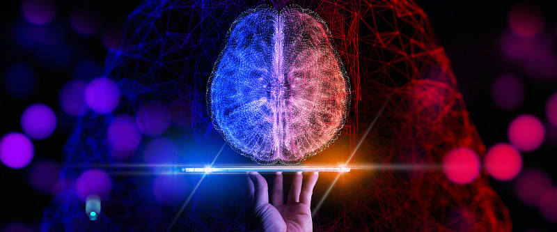 科学家手操作数码平板电脑显示左右脑概念的光晕图。创意部分和逻辑部分与社会和商业有关。