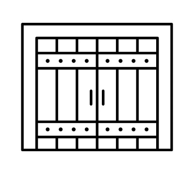 侧面铰链复古车库门在乡村风格。黑白矢量插图。关闭仓库或谷仓门的线条图标。外观设计符号。孤立的对象