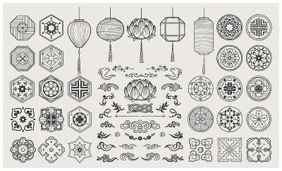 一套手绘东方元素。亚洲灯笼和传统图案。