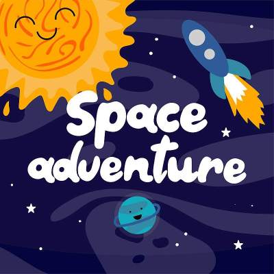 太空探险。手绘矢量字母。彩色涂鸦与文字行星太阳与火箭孤立的宇宙背景，时尚的矢量卡通打印在孩子的衣服运