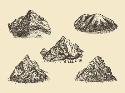 山景，手绘插图收藏。山景集，矢量草图。