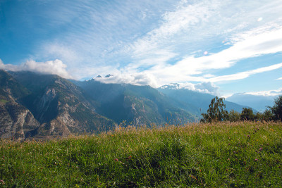 绿色的山景在夏天与鲜花和蓝天在阿尔卑斯山瑞士美丽的背景在阳光明媚的一天美丽