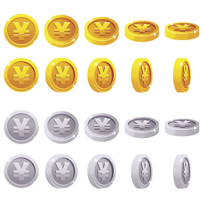 一套3D金属日元币元符号，矢量动画游戏旋转