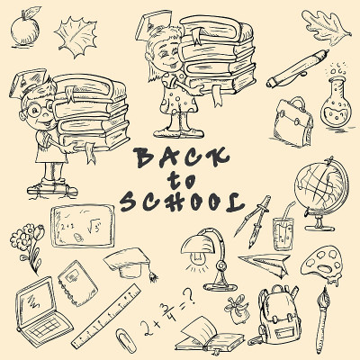 学校主题素描插图，学校科目及与学习有关的科目设计