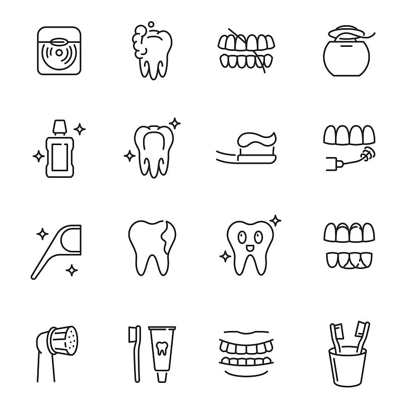 收藏牙科保健单色图标线性牙科疾病和治疗去除修复