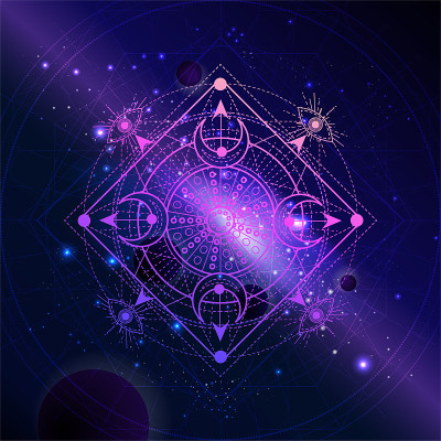 矢量插图的神圣几何符号与行星和恒星的空间背景。