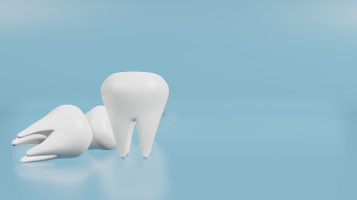 白色的牙齿在蓝色的背景为医疗和健康内容3d渲染