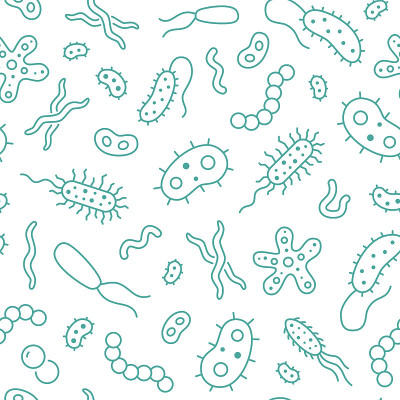 细菌病毒微生物无缝模式矢量背景包括微生物、细菌、霉菌、细胞、益生菌等微生物信息图形的线条图标