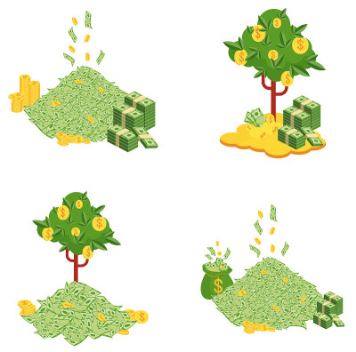 成堆的钱和钱树。一大捆的纸币。