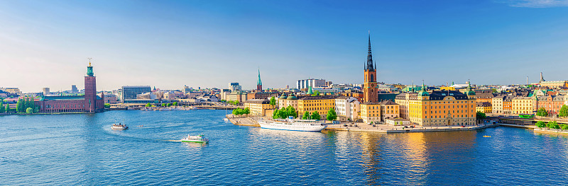 从空中俯瞰斯德哥尔摩全景，老城格拉斯坦，市政厅Stadshuset，带有哥特式教堂建筑的Riddar