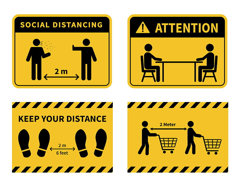 社会距离。足迹的迹象。门店距离保持1-2米。Coronovirus流行的保护。矢量图