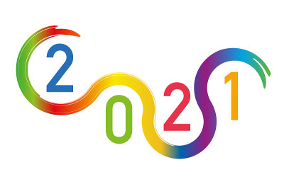 基于彩色曲线的图形贺卡，呈现2021年。