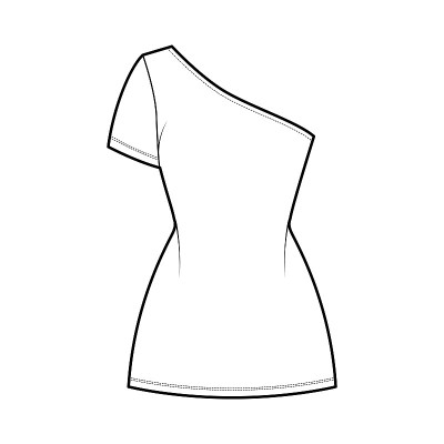 短袖单肩技术时尚插画，合体，超长铅笔裙。平的服装