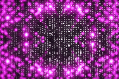 粉色矩阵数字背景。抽象的网络空间的概念。人物倒了。来自符号流的矩阵。虚拟现实设计。复杂的算法数据黑客