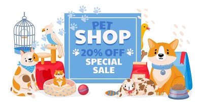 宠物店出售的横幅上有家养动物，狗和猫。动物园商店传单或折扣券的配件，玩具和供应向量概念