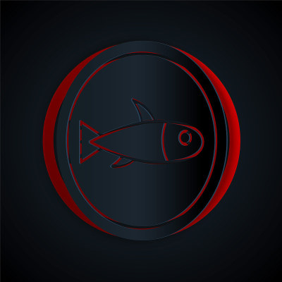 Paper cut Served fish on a plate icon isolated on 