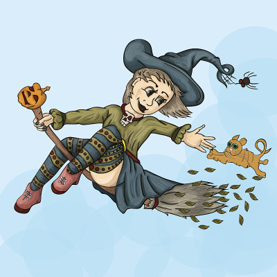 穿着女巫服装的小女孩骑着扫帚飞