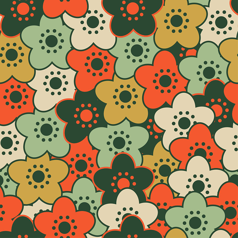 Cute flowers in orange, green and gold pattern