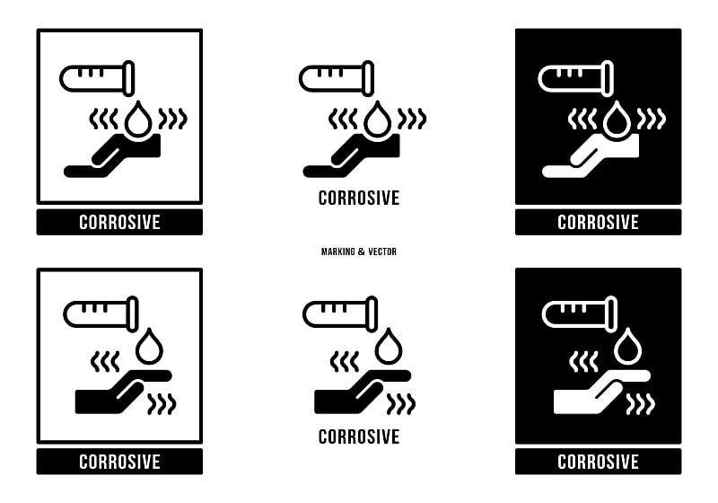 一套包装货物产品和货物的操作符号。标志——腐蚀性。向量的元素。