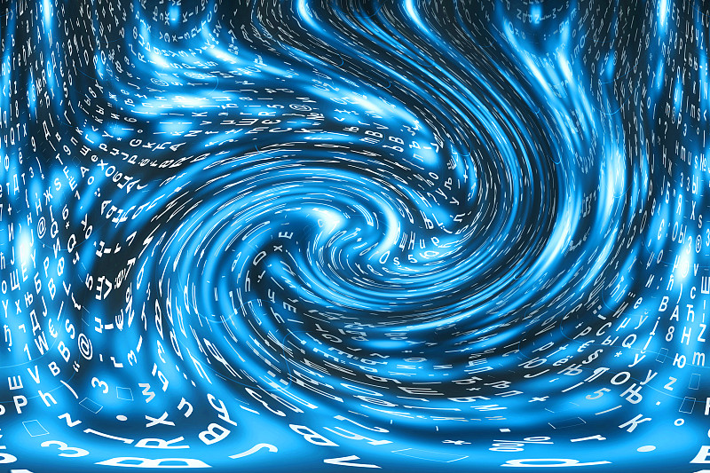 蓝色矩阵数字背景。扭曲的网络空间的概念。人物落入虫洞。入侵矩阵。虚拟现实设计。复杂的算法数据黑客。青
