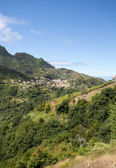 圣维森特周围的村庄和梯田种植。葡萄牙马德拉岛北岸
