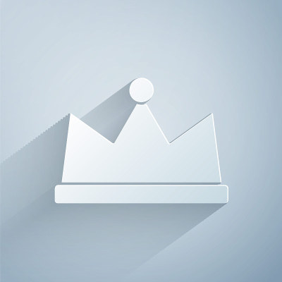 Paper cut Crown icon isolated on grey background. 