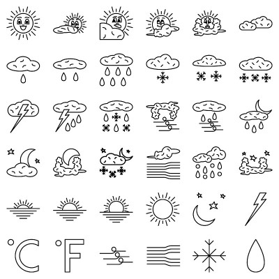 天气预报，气象学，一年中的时间，晴天或雨天的天气，风，冰雹，雨在白天或晚上。一组矢量图标，离线，独立