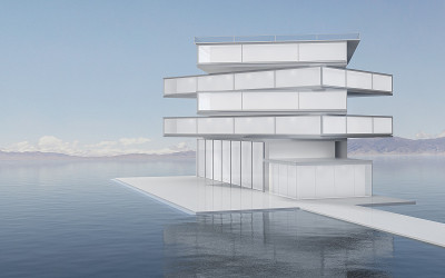 现代概念建筑在水上，3d渲染。