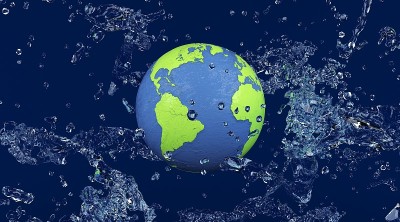 世界海洋日向全球泼水。地球以水花为背景，世界海洋日插图。三维演示