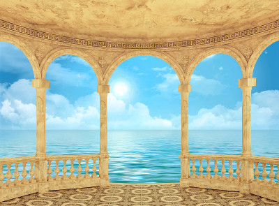 半圆形拱形露台的海景3d渲染