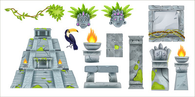 阿兹特克玛雅古代文化设置，矢量卡通图腾部落元素，古金字塔，石头标志板。