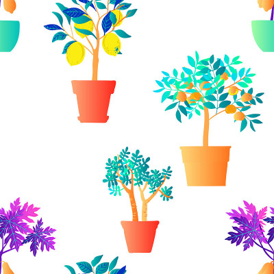 图案霓虹灯热带植物和花在盆。矢量彩色草图上的白色背景。紫外光粉色，蓝色，绿松石色。