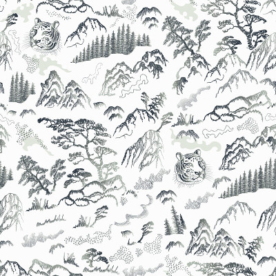 大自然，山，冷杉，松树，虎头，河流，草本植物，岩石在白色的背景。黑白无缝图案的手绘草图在日本和中国插