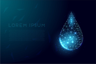 水滴。低聚风格设计。线框灯连接结构，3d图形概念。矢量图