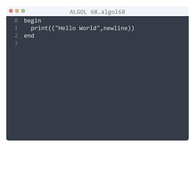 ALGOL 68语言Hello World程序示例在编辑器窗口插图