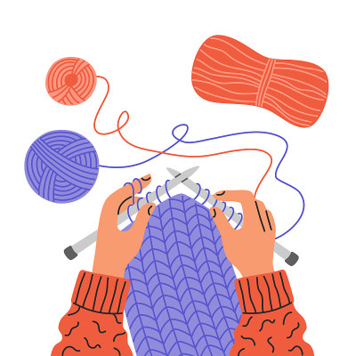 Knitting process, top view on hands holding needle