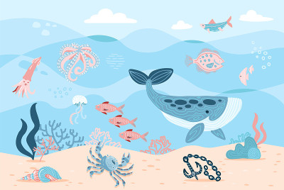 海居民。章鱼，鲸鱼，鱼，螃蟹和海藻。海底的海洋生物和沙上的吴哥。手绘平面卡通背景。Underwath